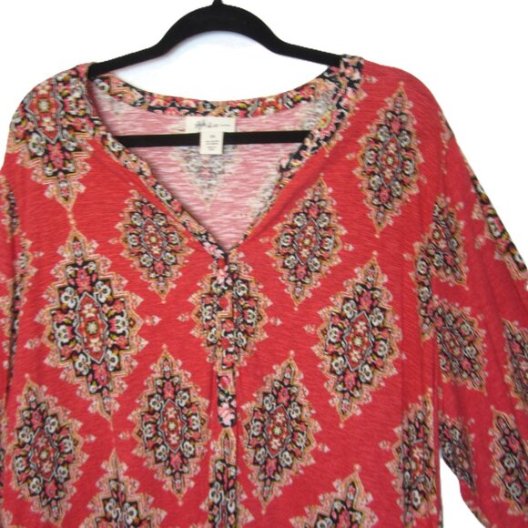 Style & Co Plus 3X Top Womens Colorful Boho Print Roll Tab Sleeve Red Coral - Picture 2 of 6